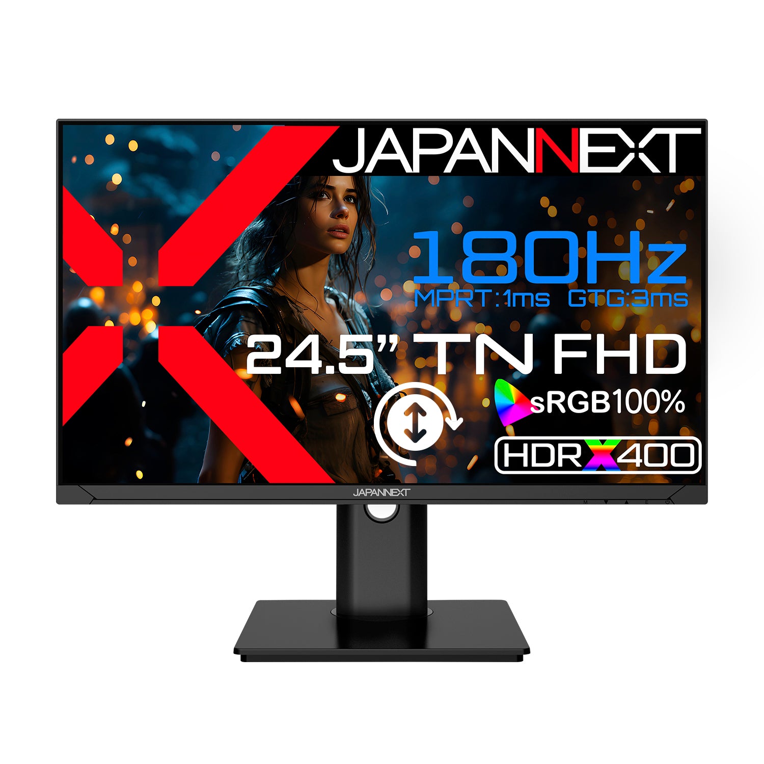 JAPANNEXT 24.5インチ TNパネル搭載 180Hz対応 フルHD(1920x1080)解像度 ゲーミングモニター  JN-245GT180FHDR-HSP HDMI DP HDR400相当 sRGB:100% 1ms(MPRT) 高さ調整 ピボット機能搭載