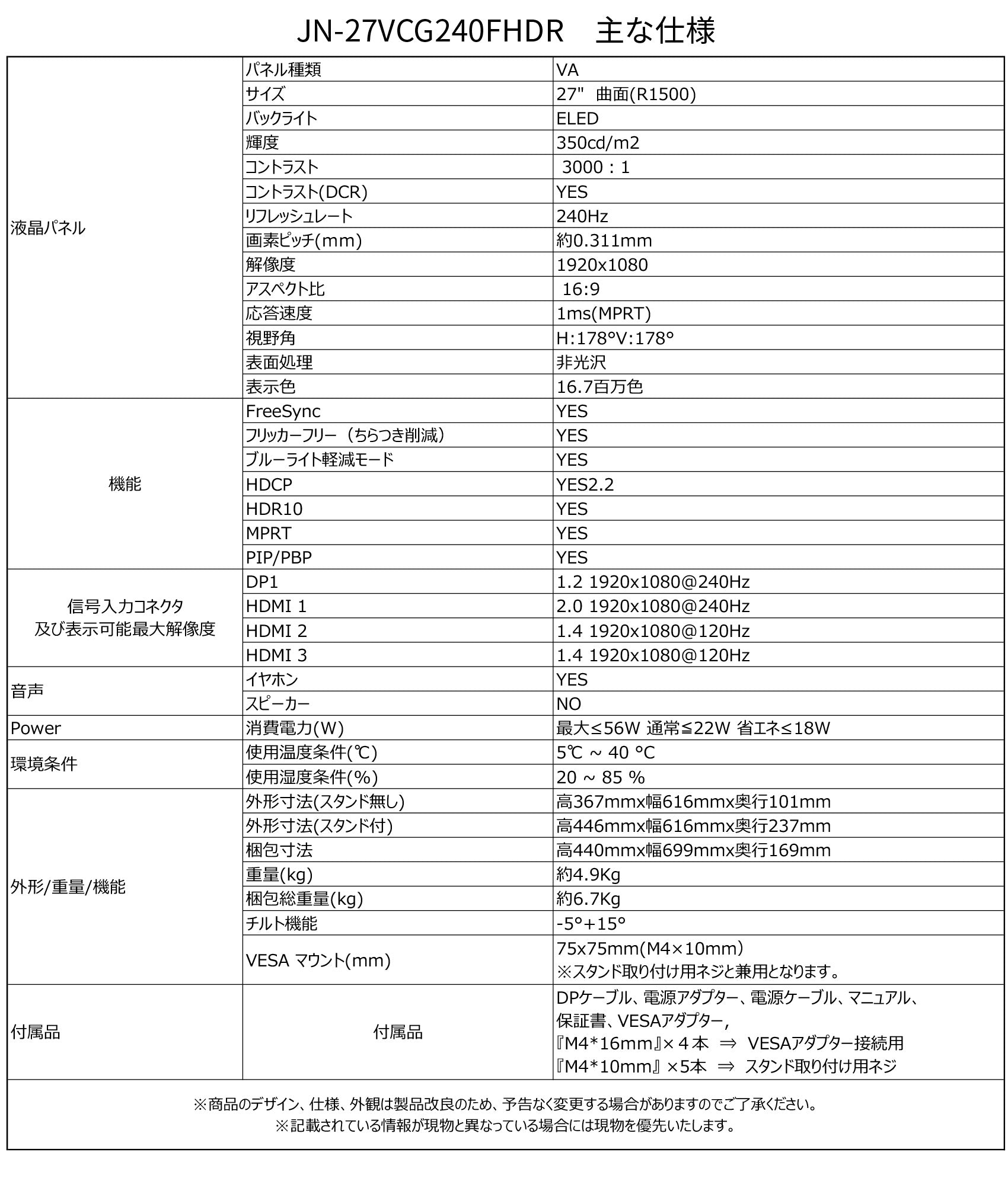 【生産完了】JN-27VCG240FHDR