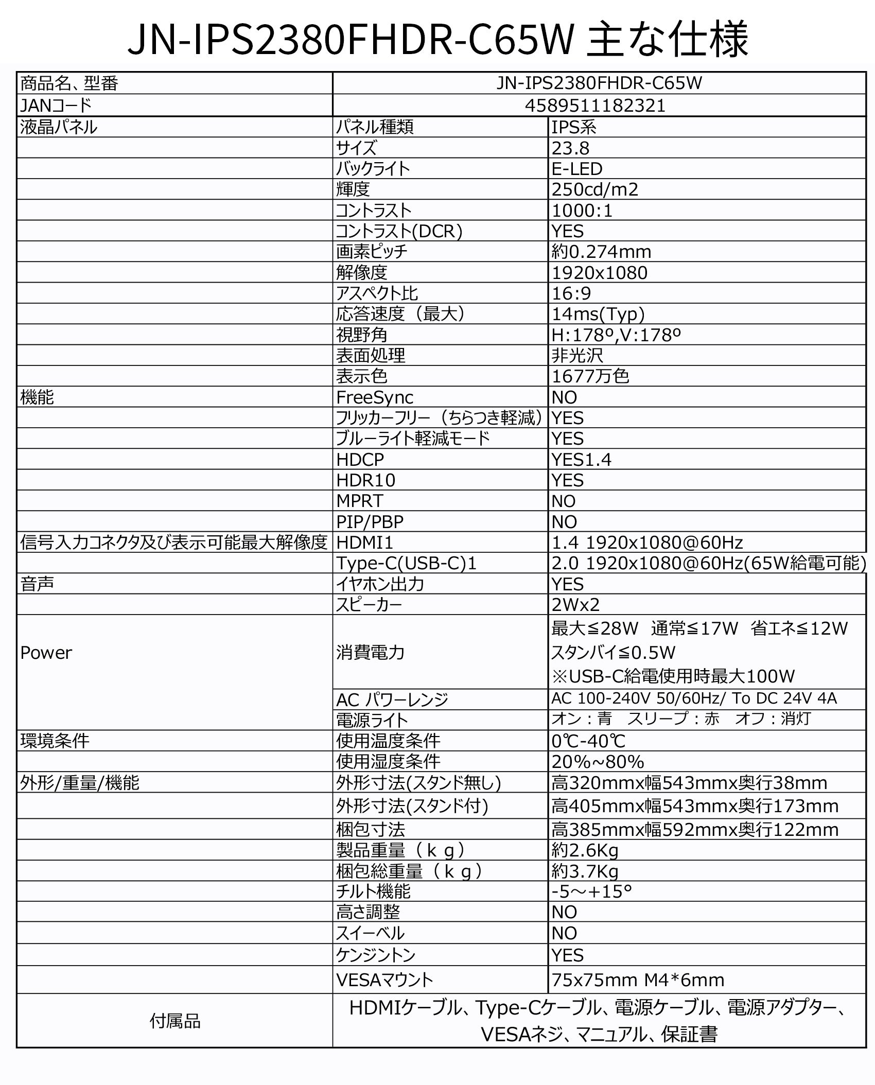 【生産完了】JN-IPS2380FHDR-C65W