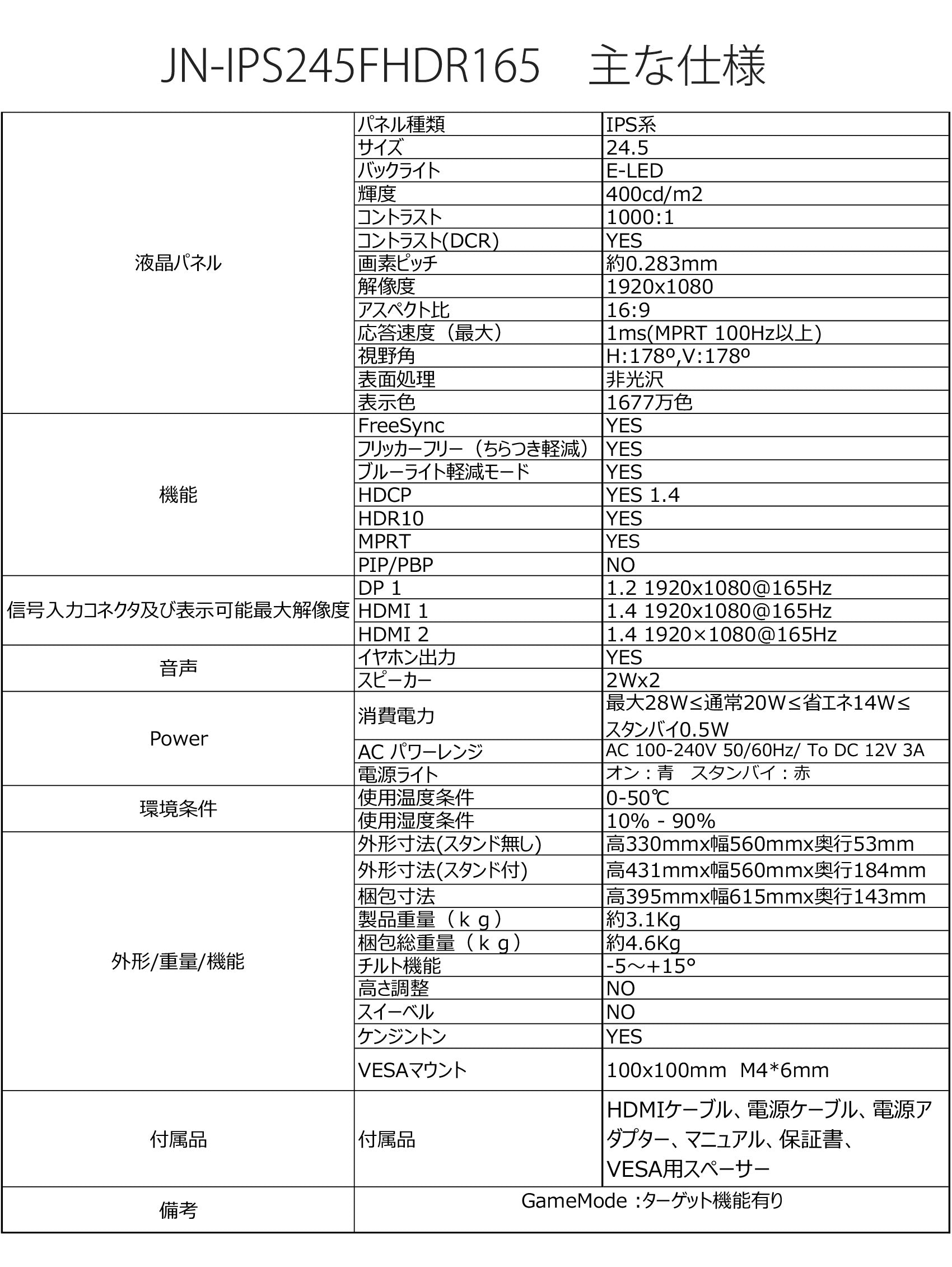 【生産完了】JN-IPS245FHDR165