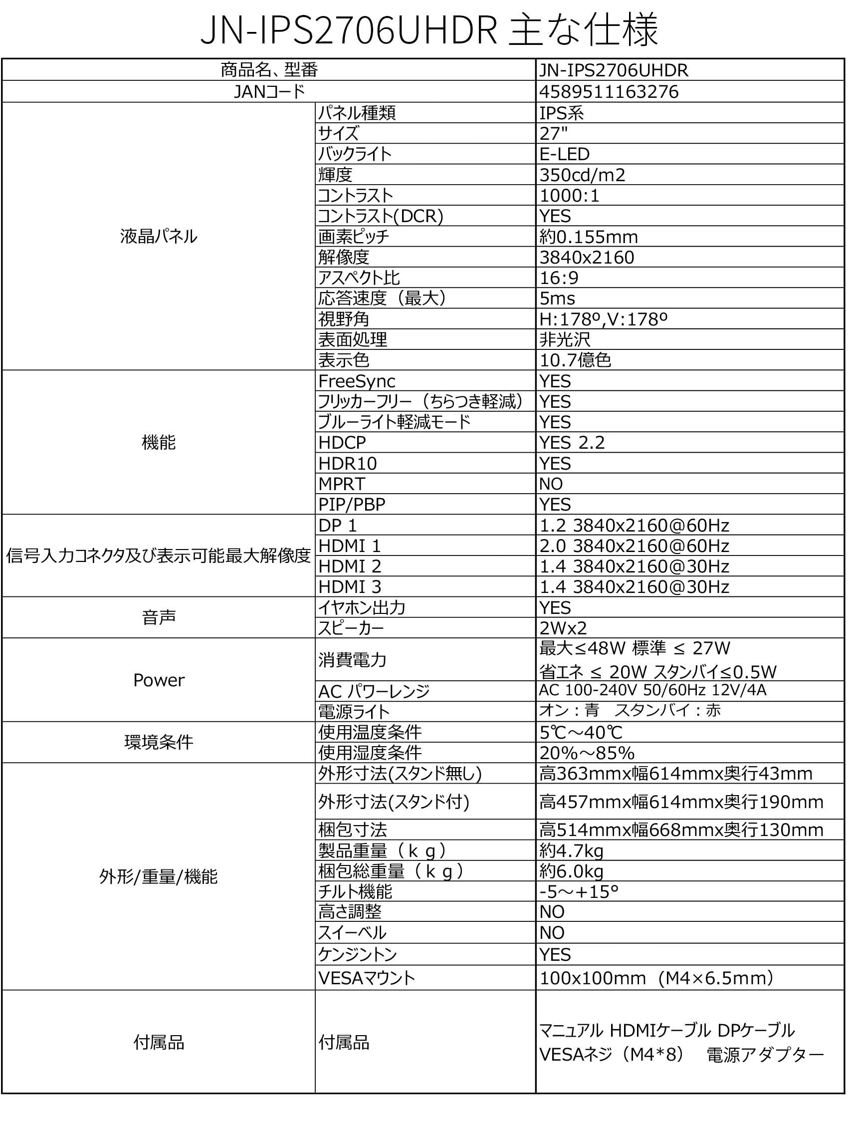 【生産完了】JN-IPS2706UHDR