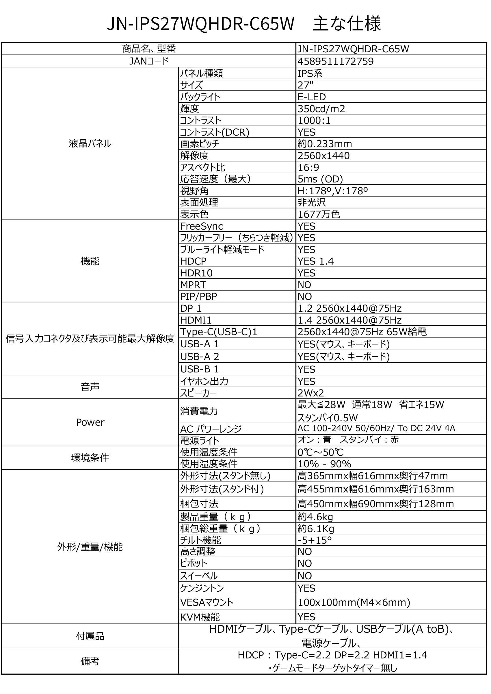 【生産完了】JN-IPS27WQHDR-C65W