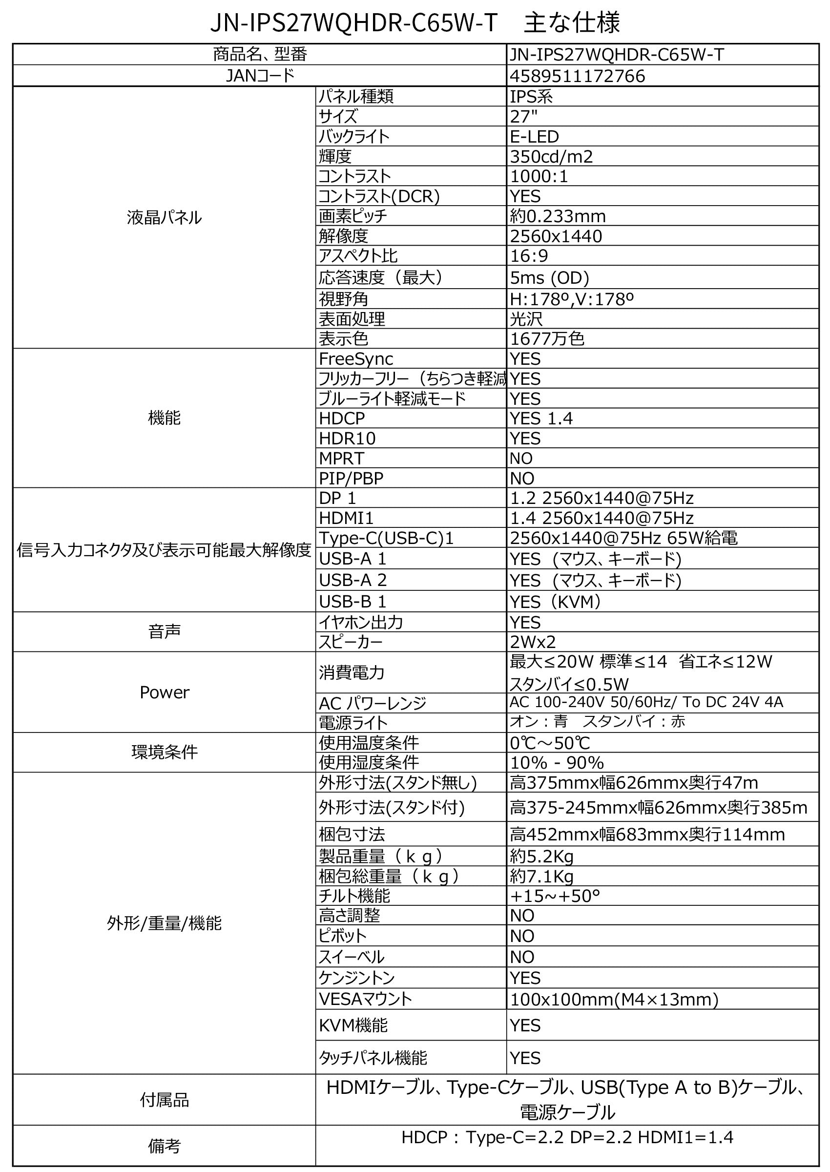 【生産完了】JN-IPS27WQHDR-C65W-T