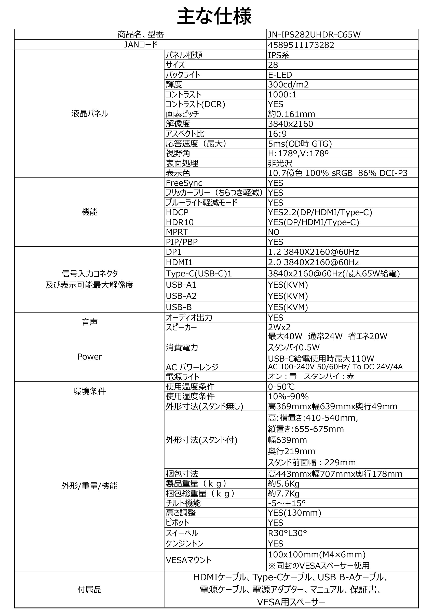 【生産完了】JN-IPS282UHDR-C65W