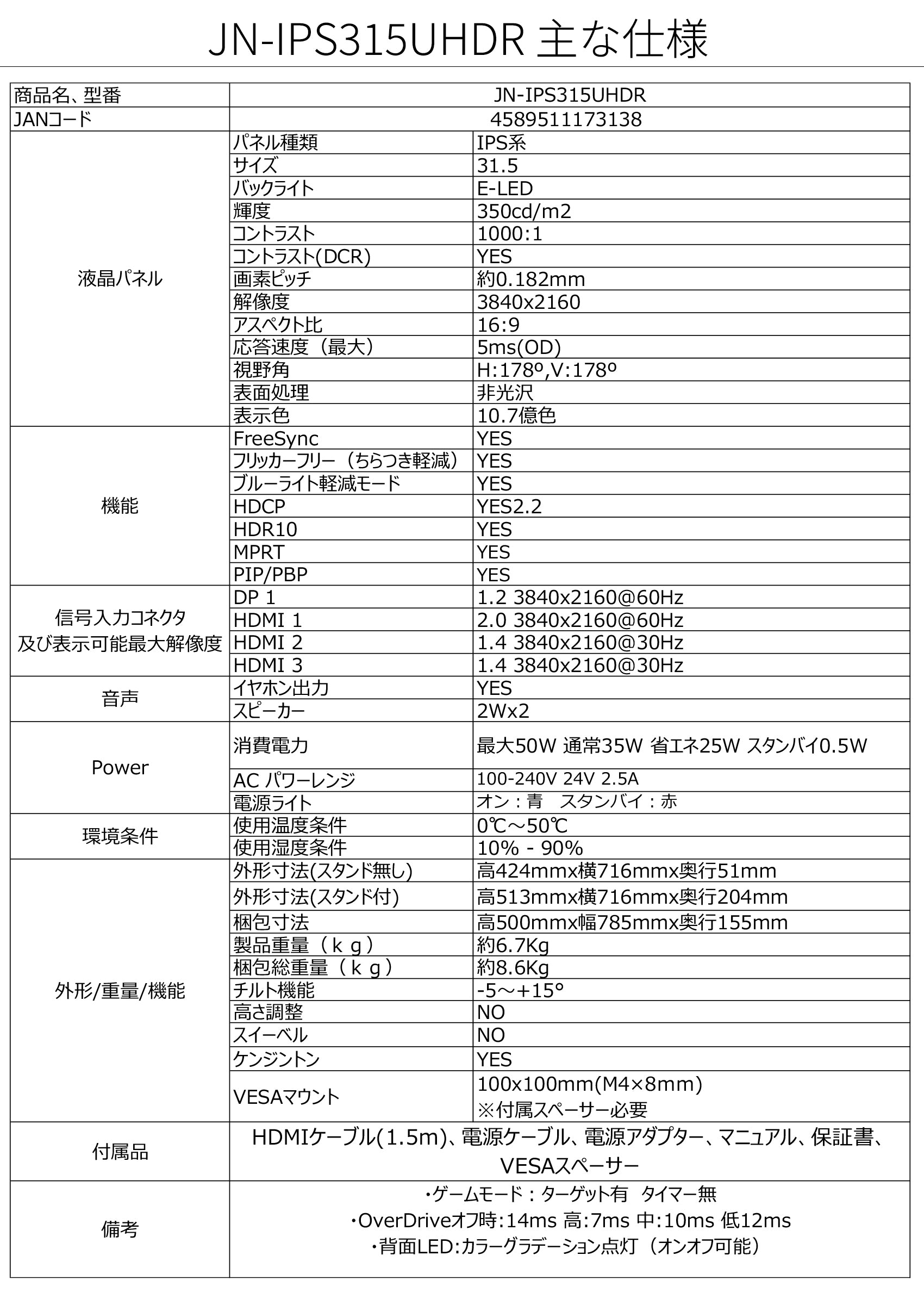 【生産完了】JN-IPS315UHDR