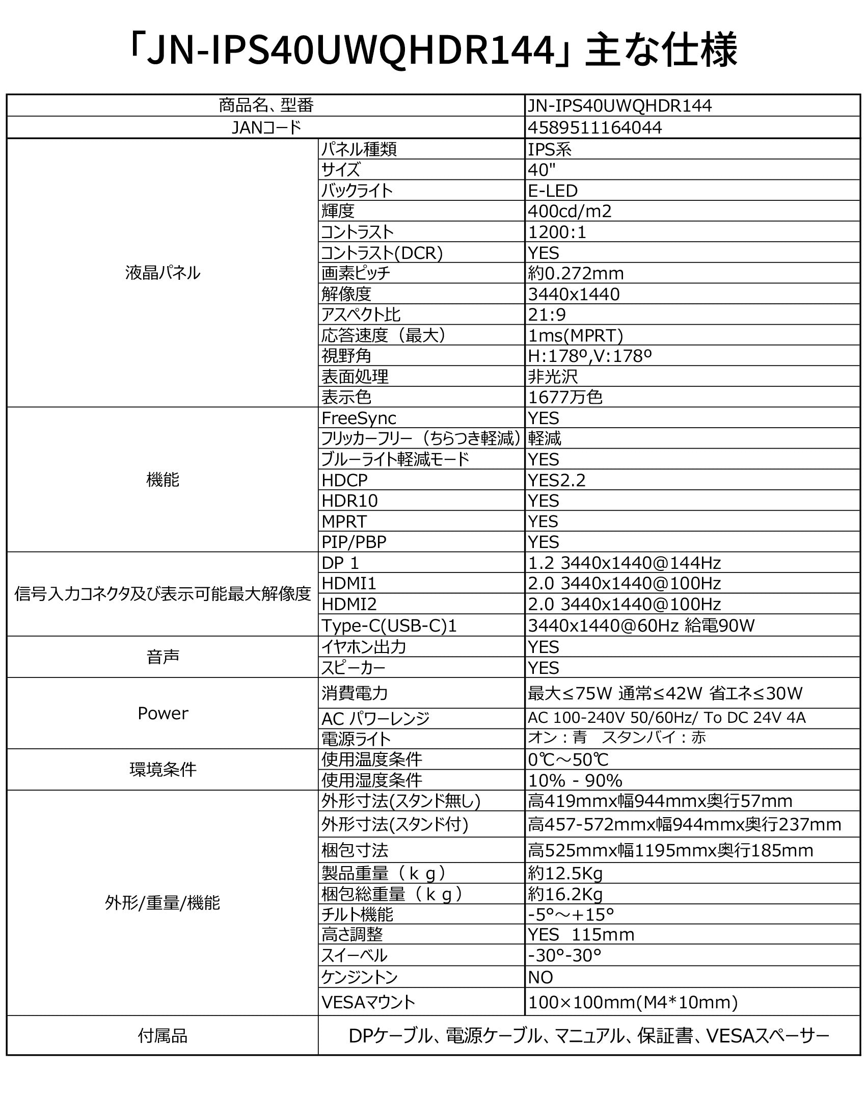 【生産完了】JN-IPS40UWQHDR144