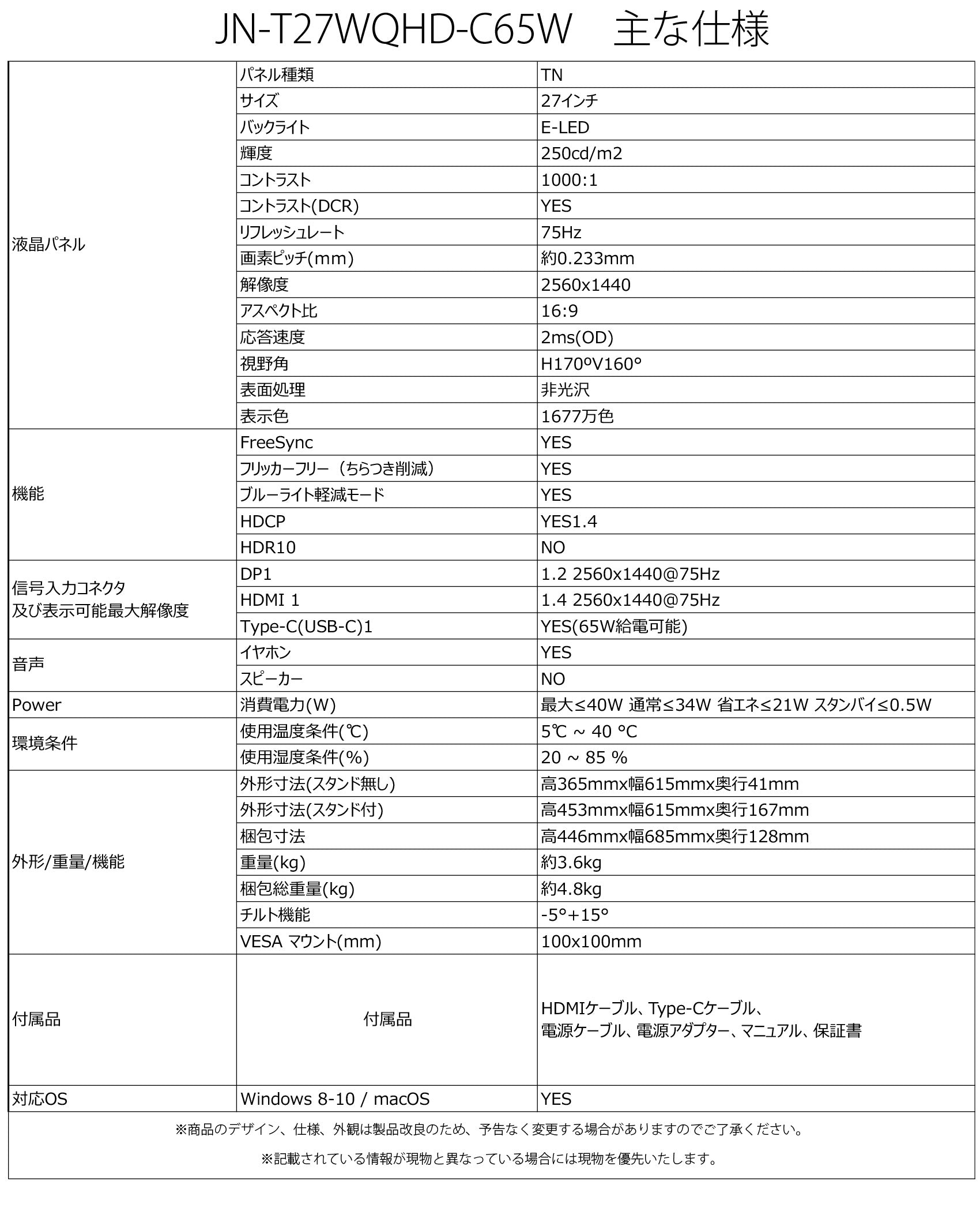 【生産完了】JN-T27WQHD-C65W