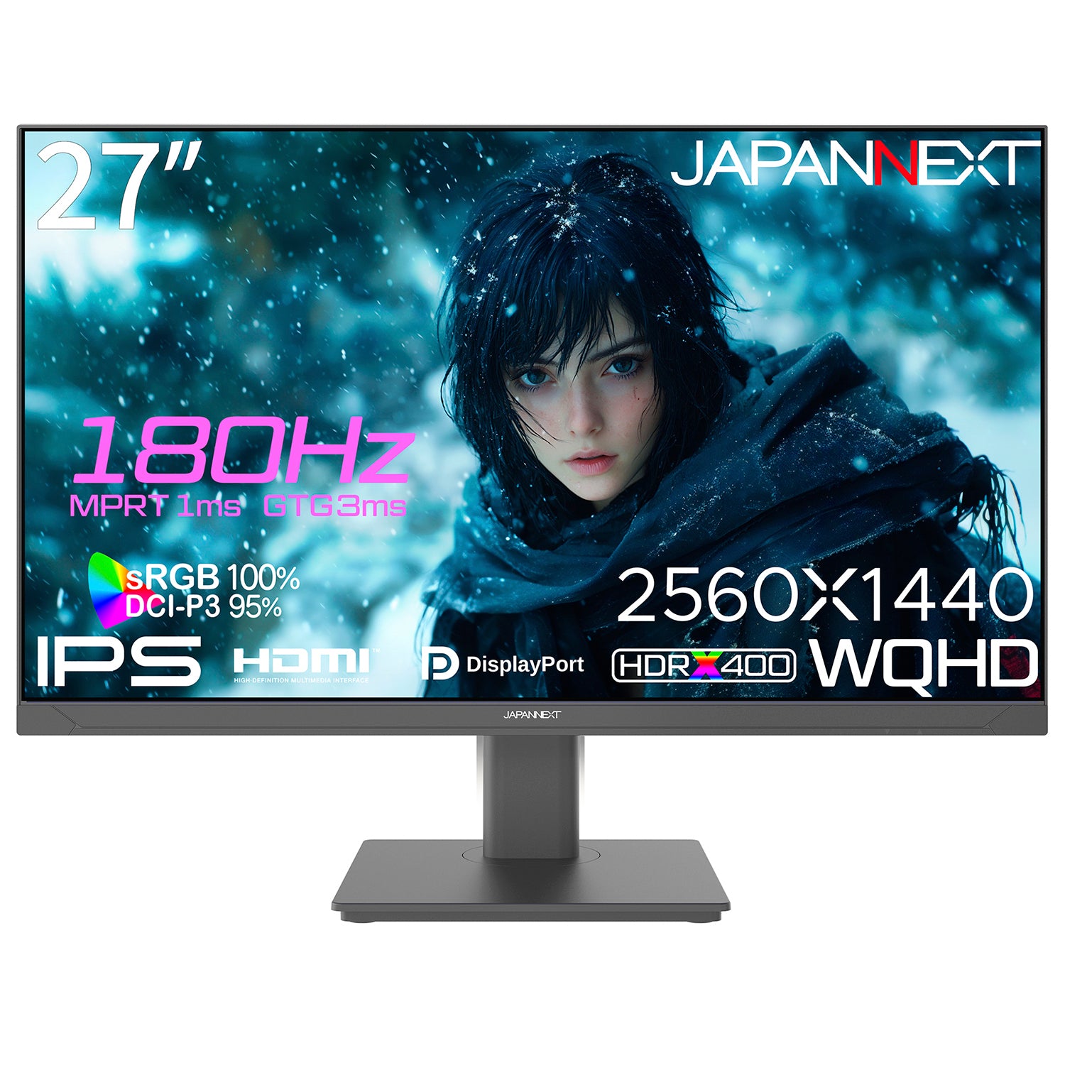 Amazon.co.jp限定】27インチ IPSパネル搭載 180Hz対応 WQHD(2560x1440)解像度 ゲーミングモニター  JN-27i180Q HDMI DP sRGB:100% DCI-P3:95% HDR400相当 PS5:120Hz(WQHD)接続対応  1ms(MPRT)