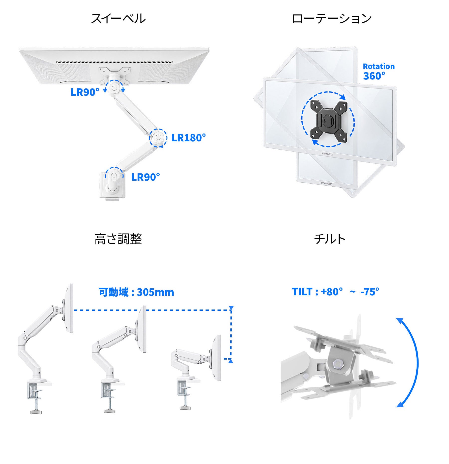 JAPANNEXT モニターアーム(ホワイト) JN-A-G210A1C-W 21.5～32インチ
