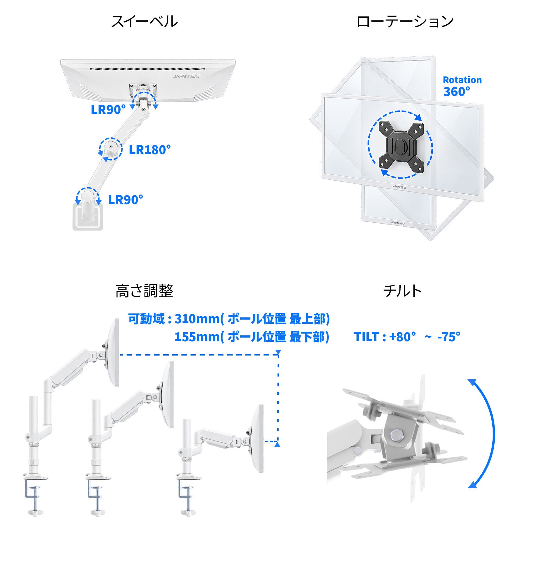 JAPANNEXT モニターアーム(ホワイト) JN-A-G210A1CH-W 21.5～32インチ