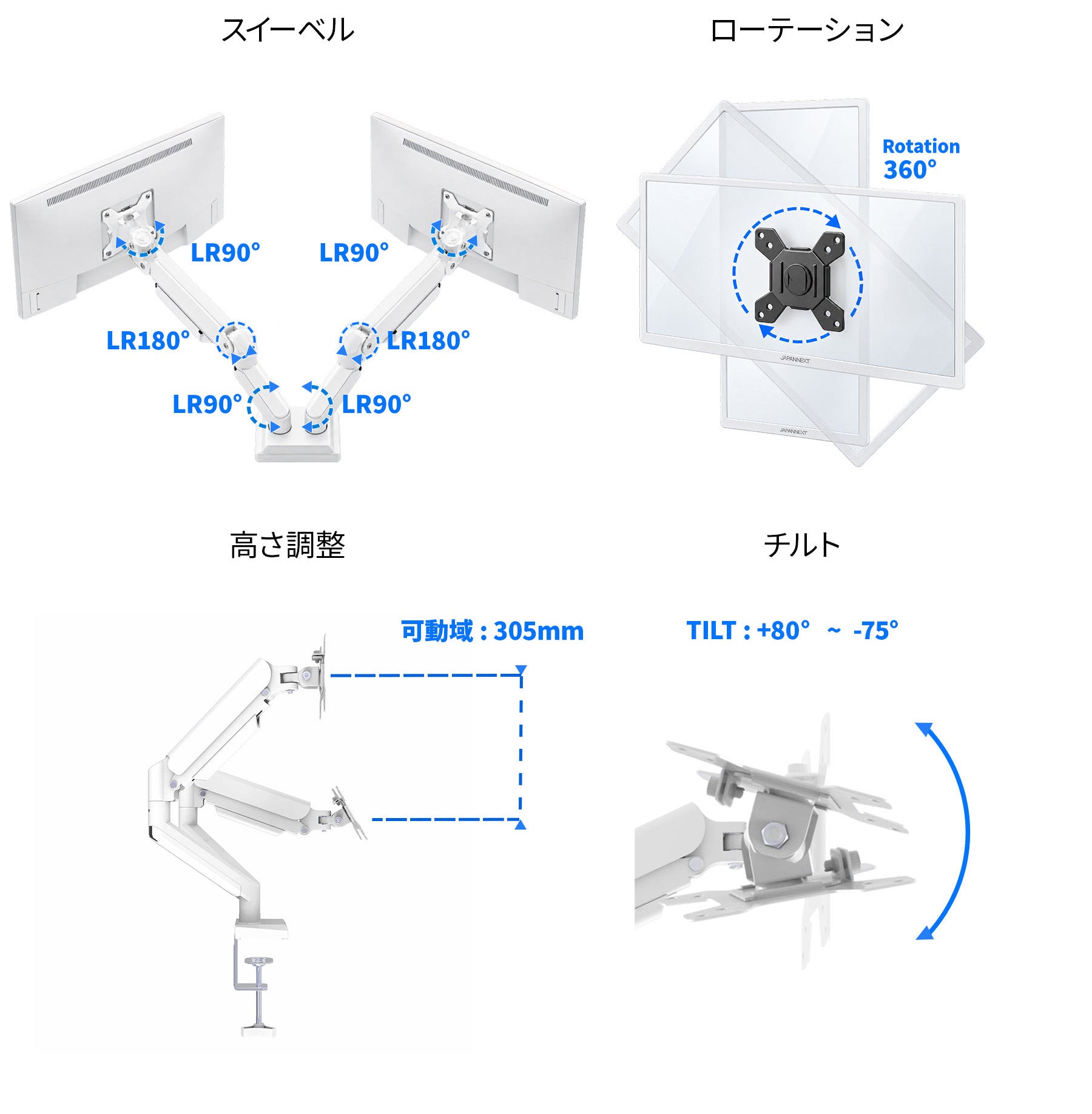 JAPANNEXT デュアルモニターアーム(ホワイト) JN-A-G210A2C-W 21.5～32
