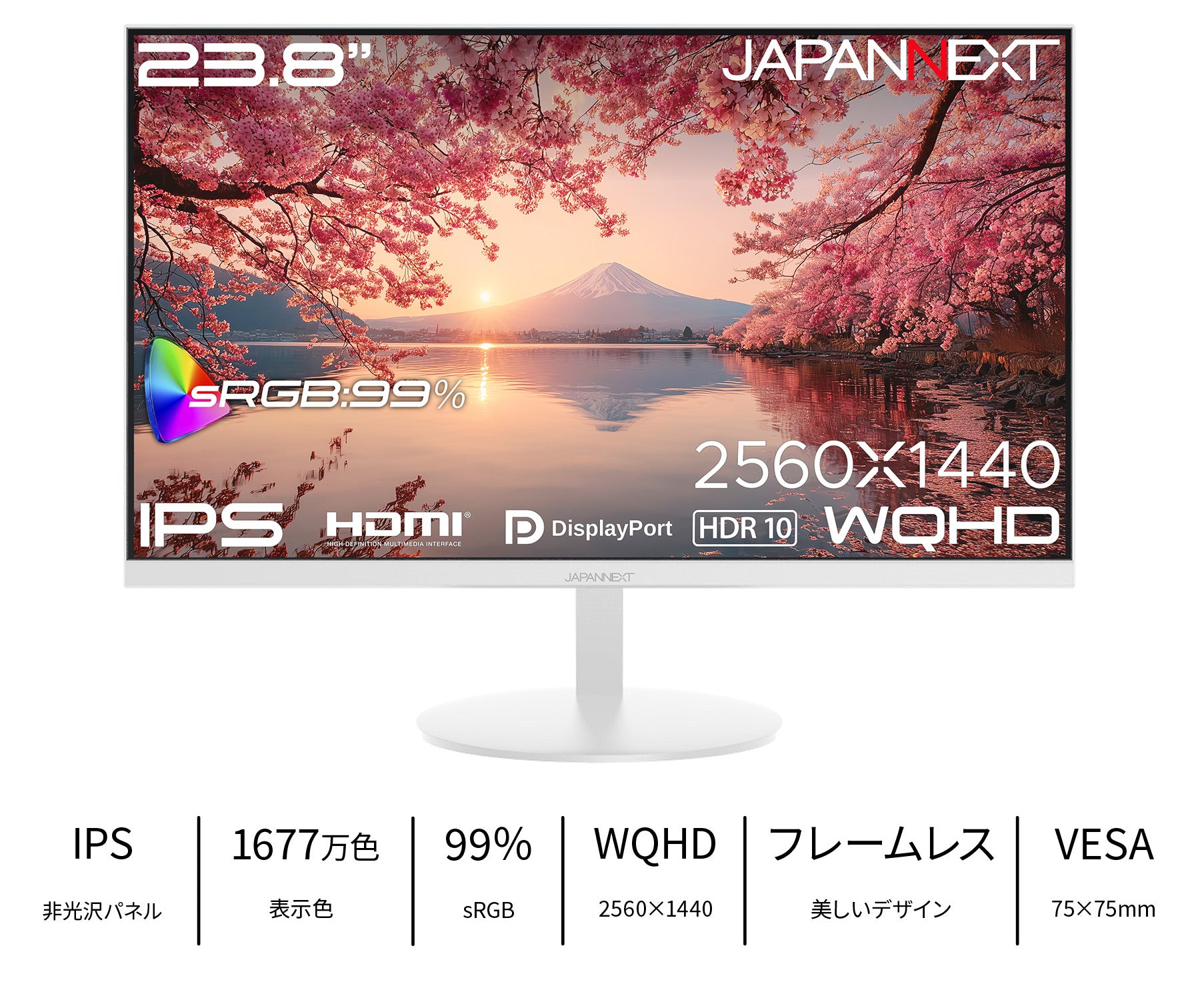 JAPANNEXT 23.8インチ IPSパネル搭載 WQHD(2560×1440)解像度 ホワイト