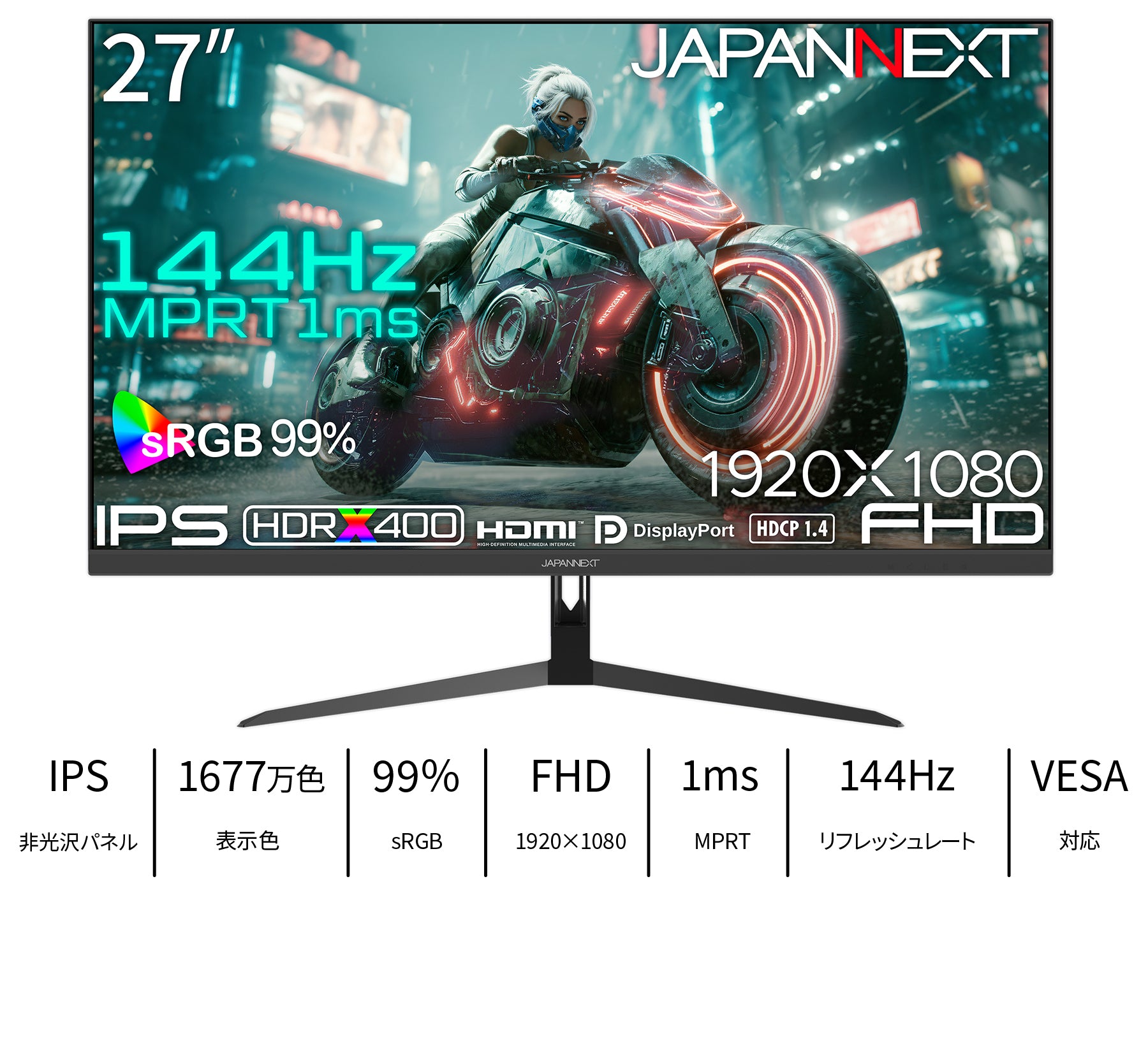 JAPANNEXT 27インチ IPSパネル搭載 144Hz/1ms(MPRT)対応 フルHD