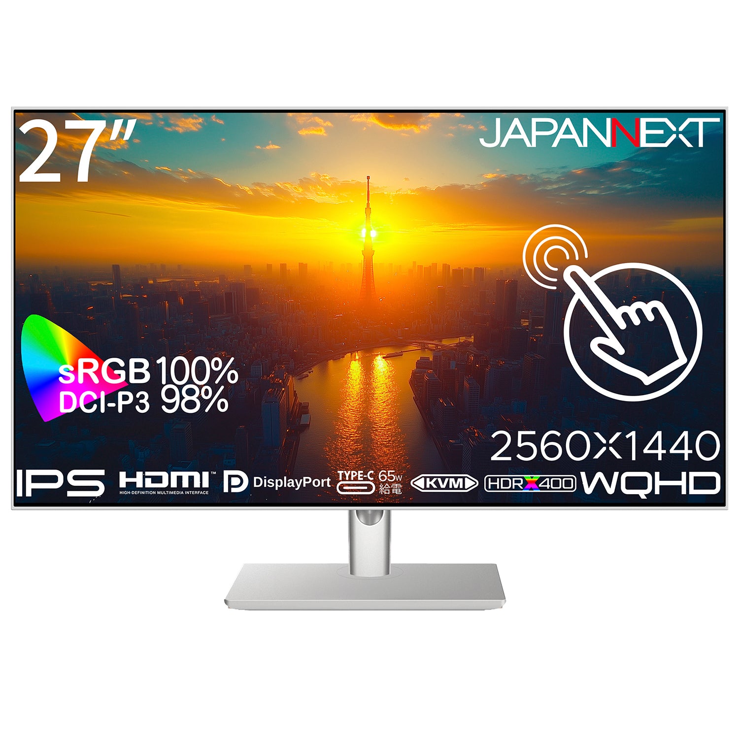 JAPANNEXT 27インチ IPSパネル搭載 10点マルチタッチ対応 WQHD(2560x1440)解像度 ホワイトカラー液晶モニター  JN-IPS27WQHDR-C65W-FLD-T HDMI DisplayPort USB Type-C(最大65W給電) sRGB:100%  DCI-P3:98% HDR400相当 多機能フラットスタンド搭載 ケーブル同梱(ホワイト)