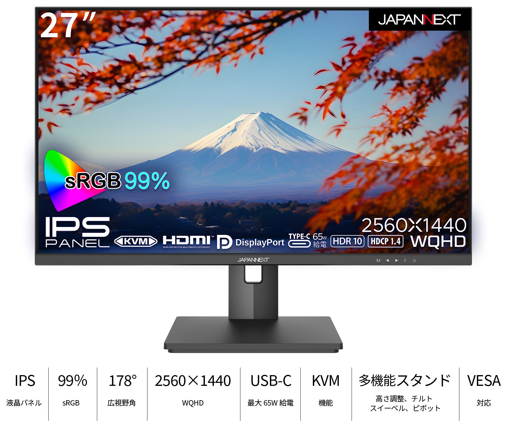 JAPANNEXT IPSパネル搭載27インチ WQHD解像度USB-C給電対応液晶 ...