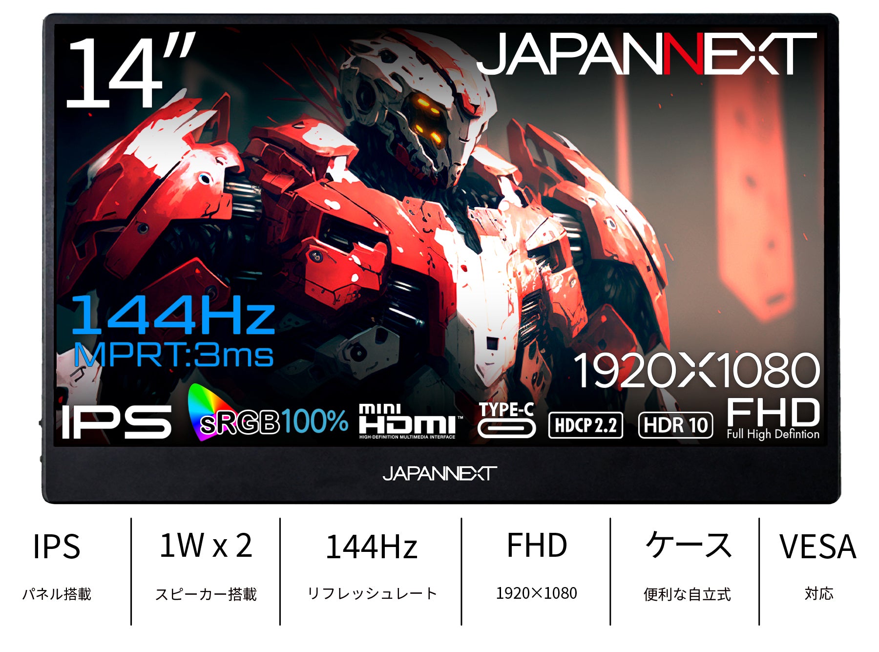 JAPANNEXT 14インチ IPSパネル搭載 144Hz対応 フルHDゲーミングモバイルモニター JN-MD-14i144F miniHDMI  USB Type-C HDR sRGB100% スマートケース付き