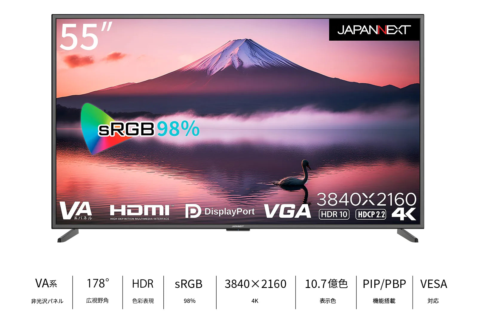 JAPANNEXT 55インチ 大型4Kモニター JN-V5500UHDR-N 非光沢モデル HDMI DP VGA PIP/PBP対応
