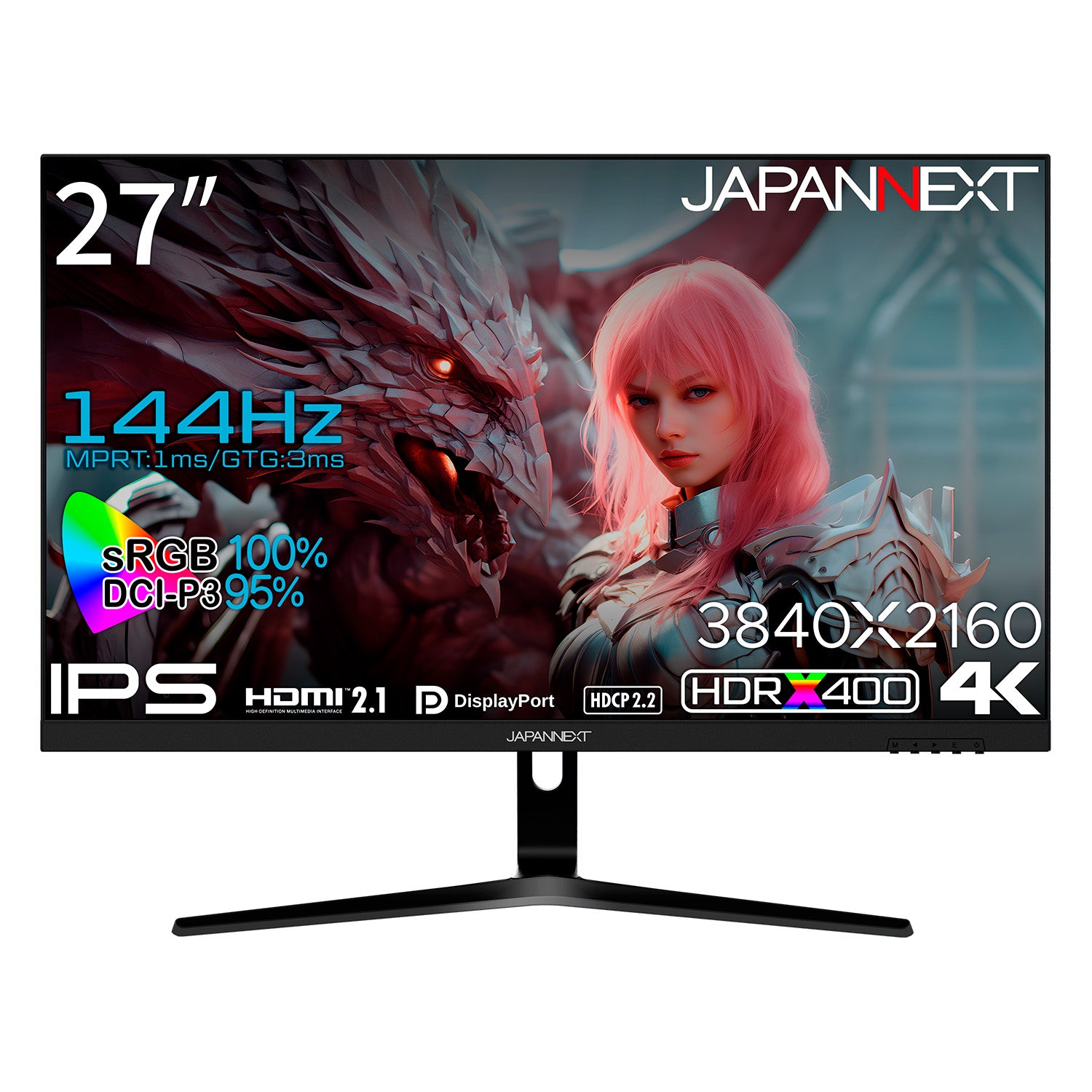 Amazon.co.jp限定】JAPANNEXT 27インチ IPSパネル搭載 144Hz対応 4K(3840x2160)解像度 ゲーミングモニター  JN-i27144UR HDMI2.1 DP HDR400相当 sRGB:100% DCI-P3:95% PS5 4K:120Hz接続対応 VRR  PBP/PIP