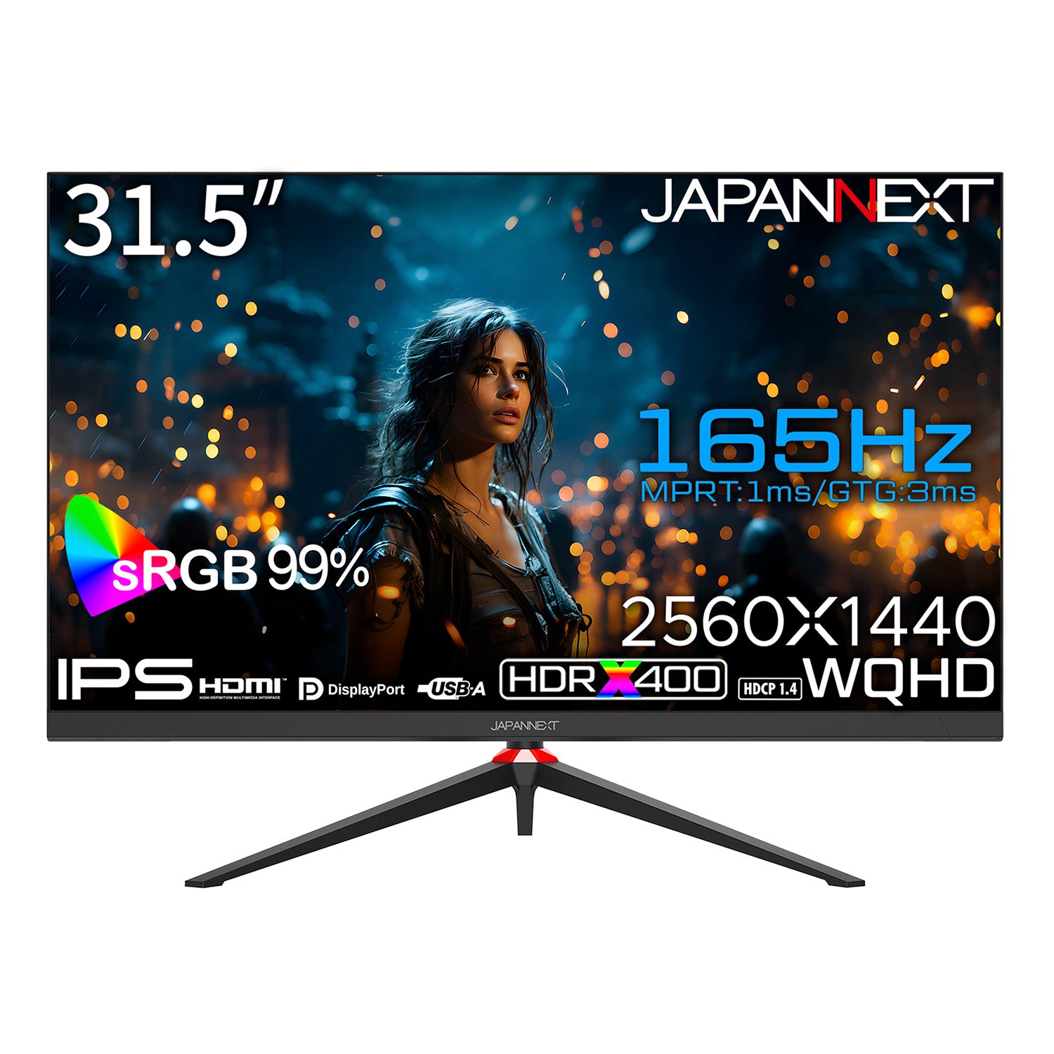 JAPANNEXT 31.5インチ IPSパネル搭載 165Hz対応 WQHD(2560x1440)解像度 ゲーミングモニター  JN-IPS3152WQHDR165 HDMI DP HDR400相当 sRGB:99% PS5 WQHD:120Hz接続対応