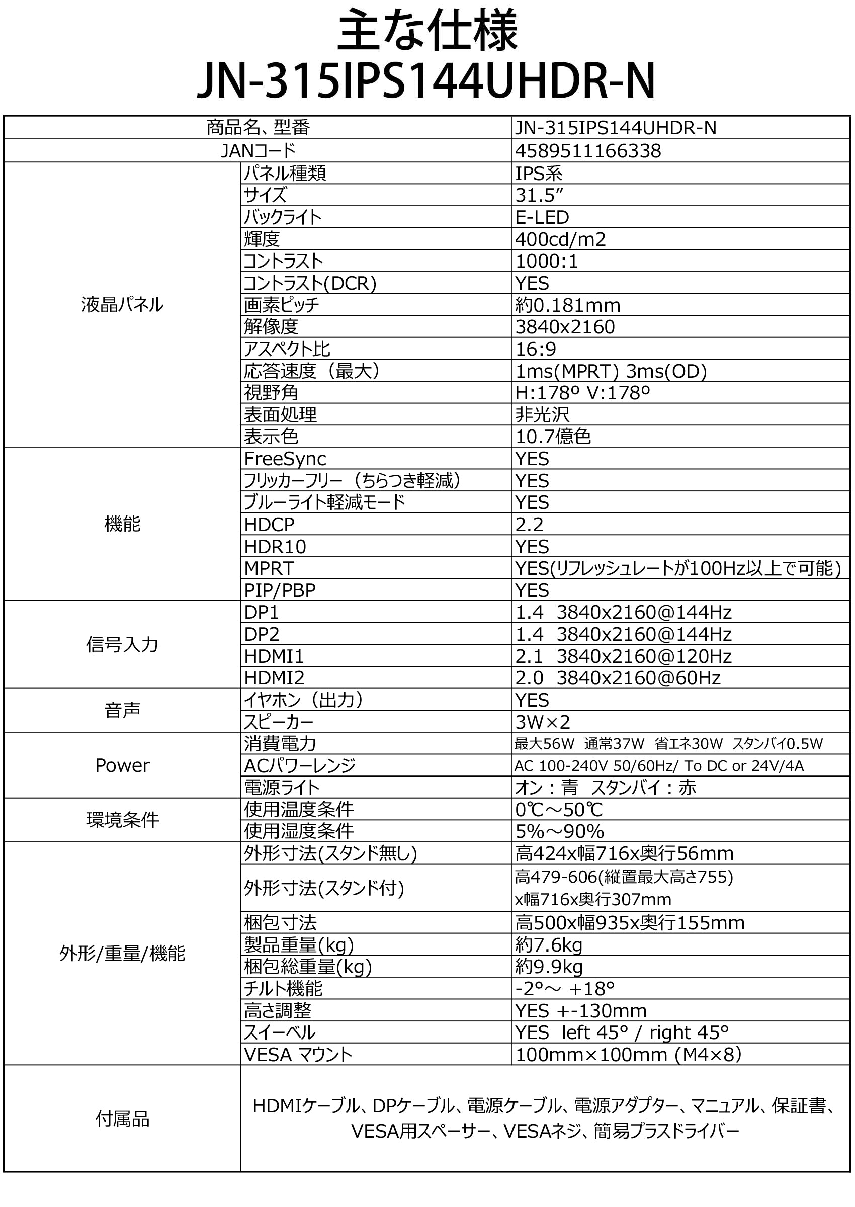 JAPANNEXT HDMI 2.1対応 31.5型 144Hz対応４Kゲーミングモニター JN