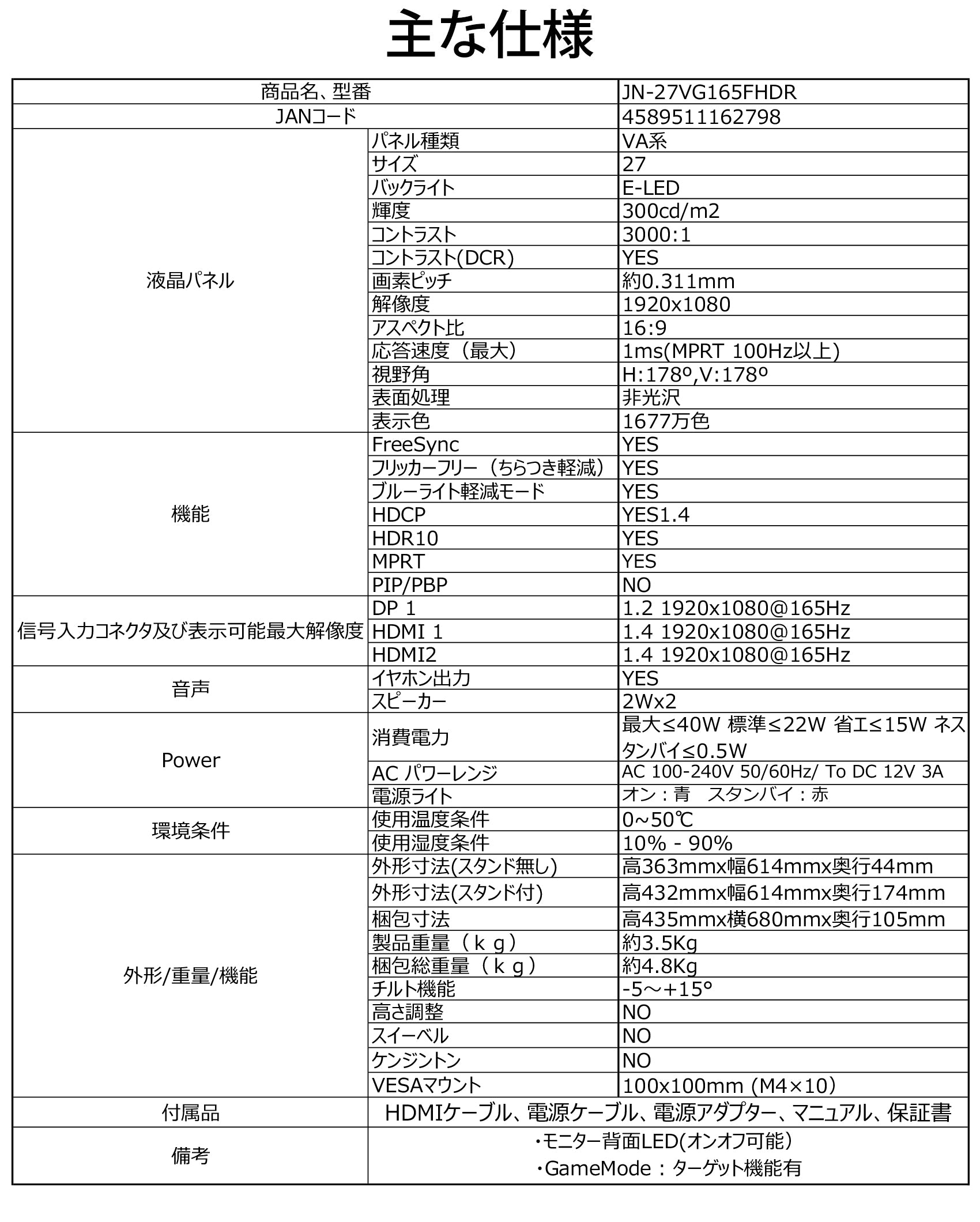 JAPANNEXT 27型 フルHDパネル搭載165Hz対応ゲーミングモニター JN