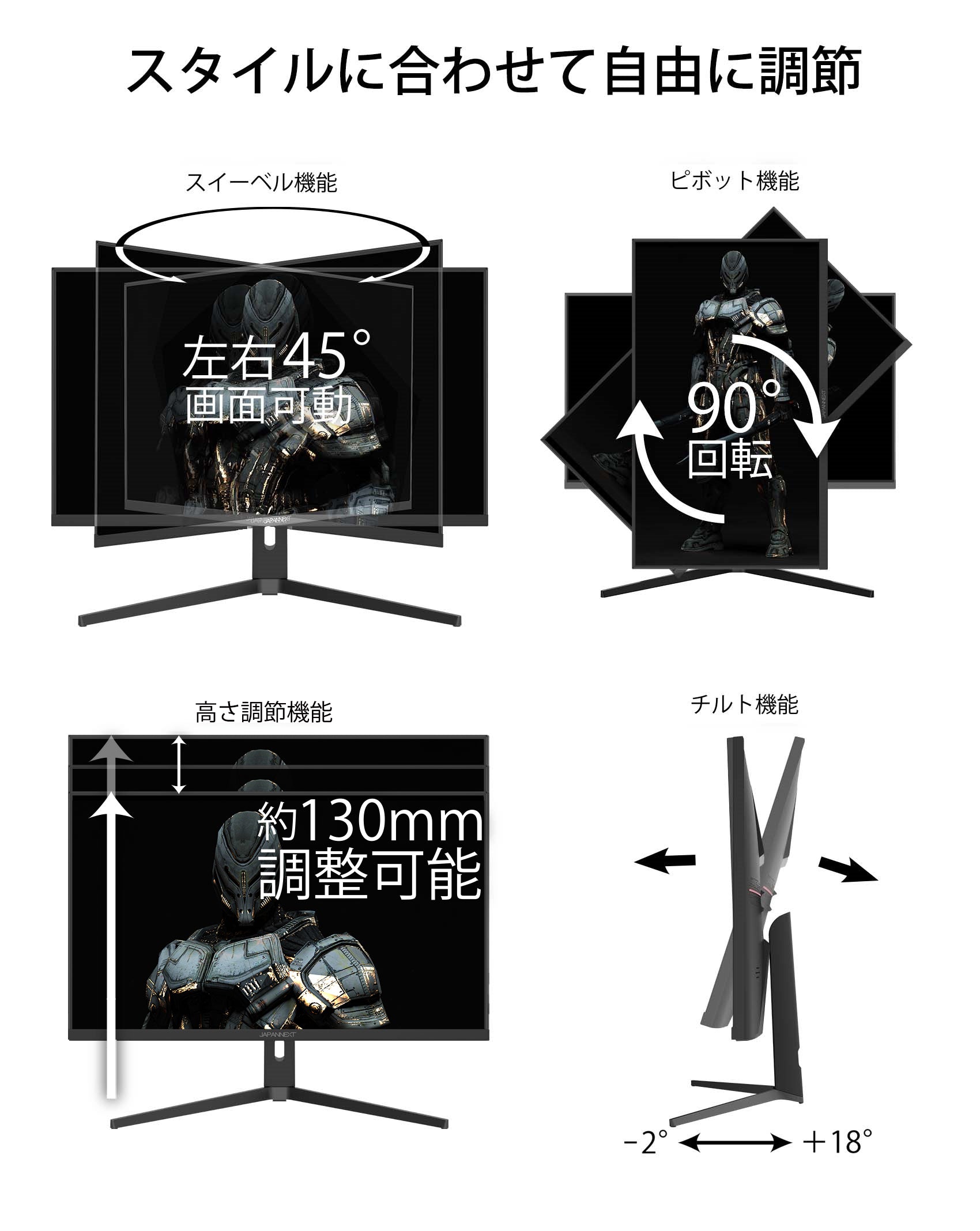 JAPANNEXT HDMI 2.1対応 31.5型 144Hz対応４Kゲーミングモニター JN-315IPS144UHDR-N 昇降スタンド  ピボット PIP/PBP対応