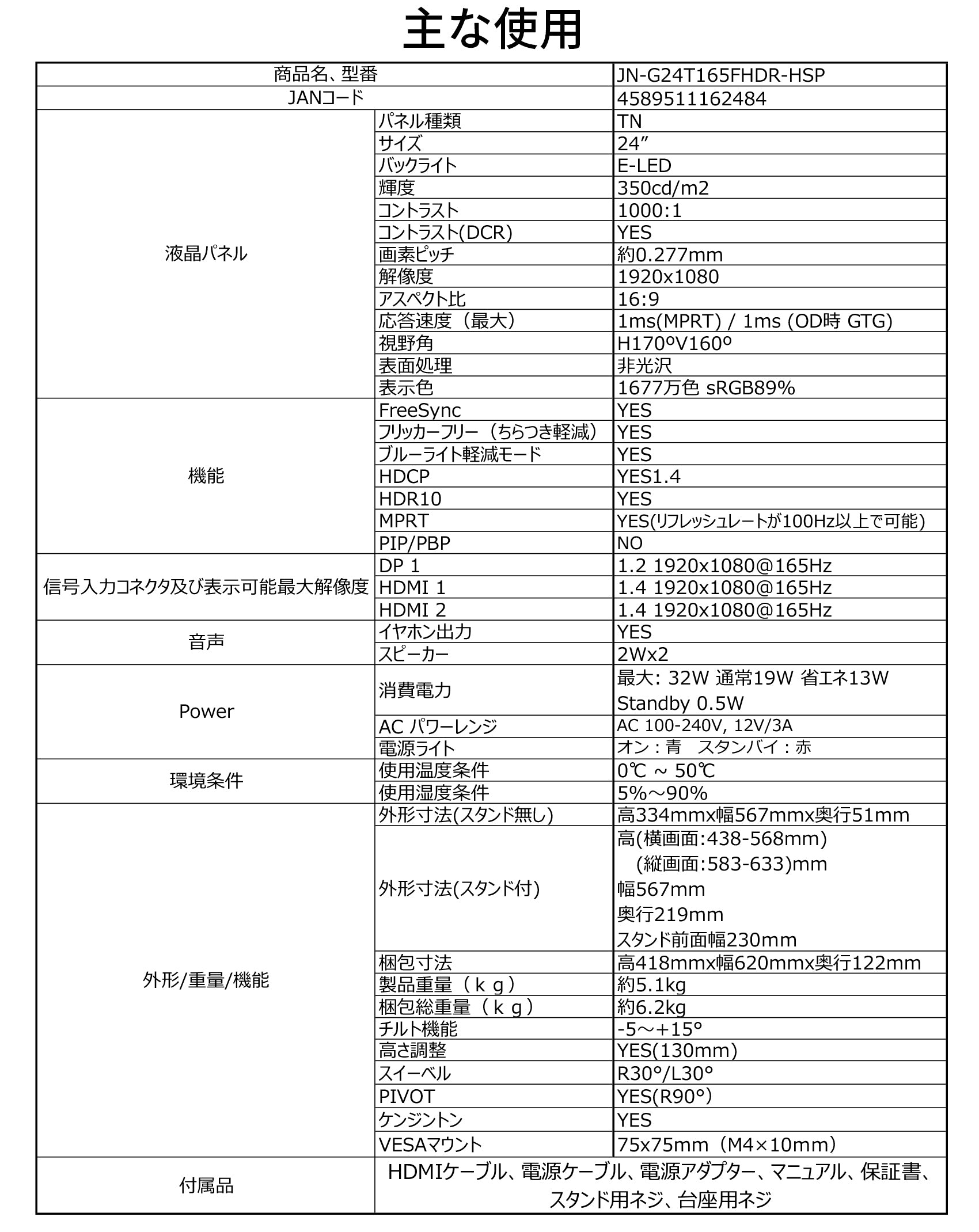 JAPANNEXT JN-G24T165FHDR-HSP 24インチ フルHD(1920 x 1080) 165Hz