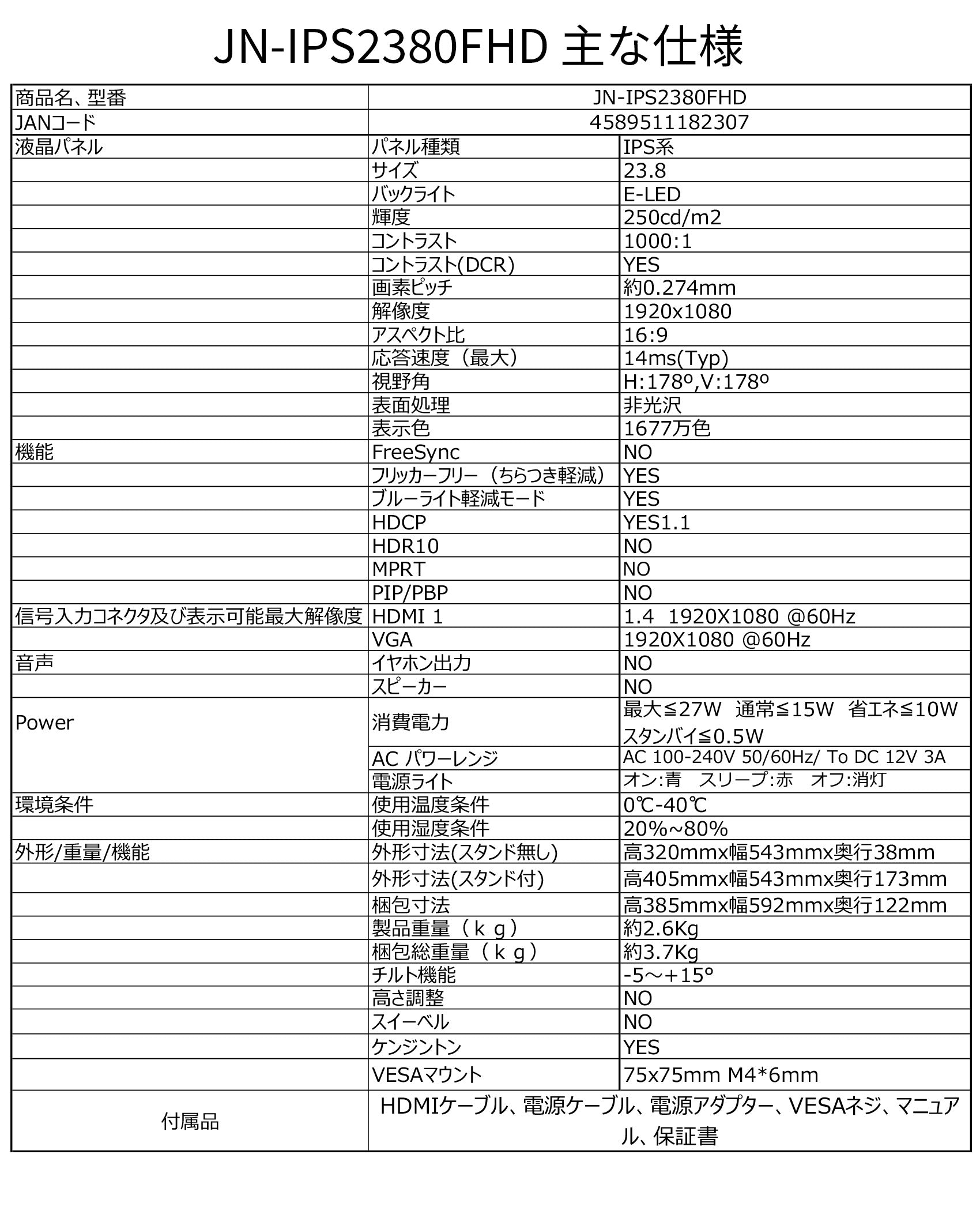 JAPANNEXT 23.8インチIPSパネル搭載 フルHD液晶モニター JN-IPS2380FHD