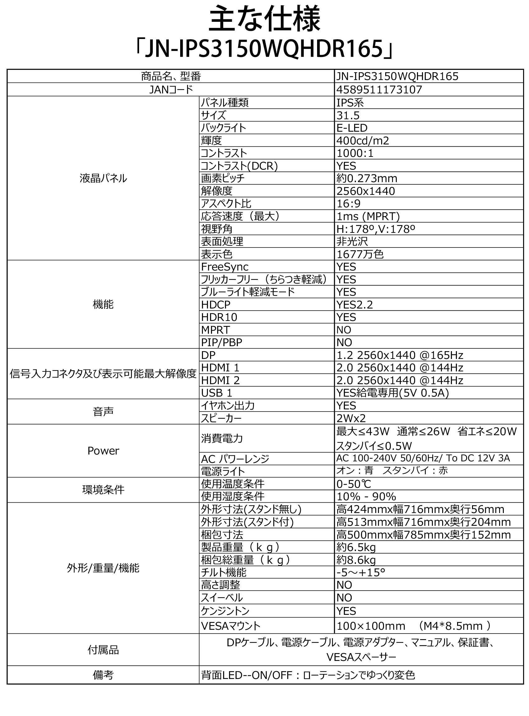 HDMI JN-IPS3150WQHDR165 WQHD解像度