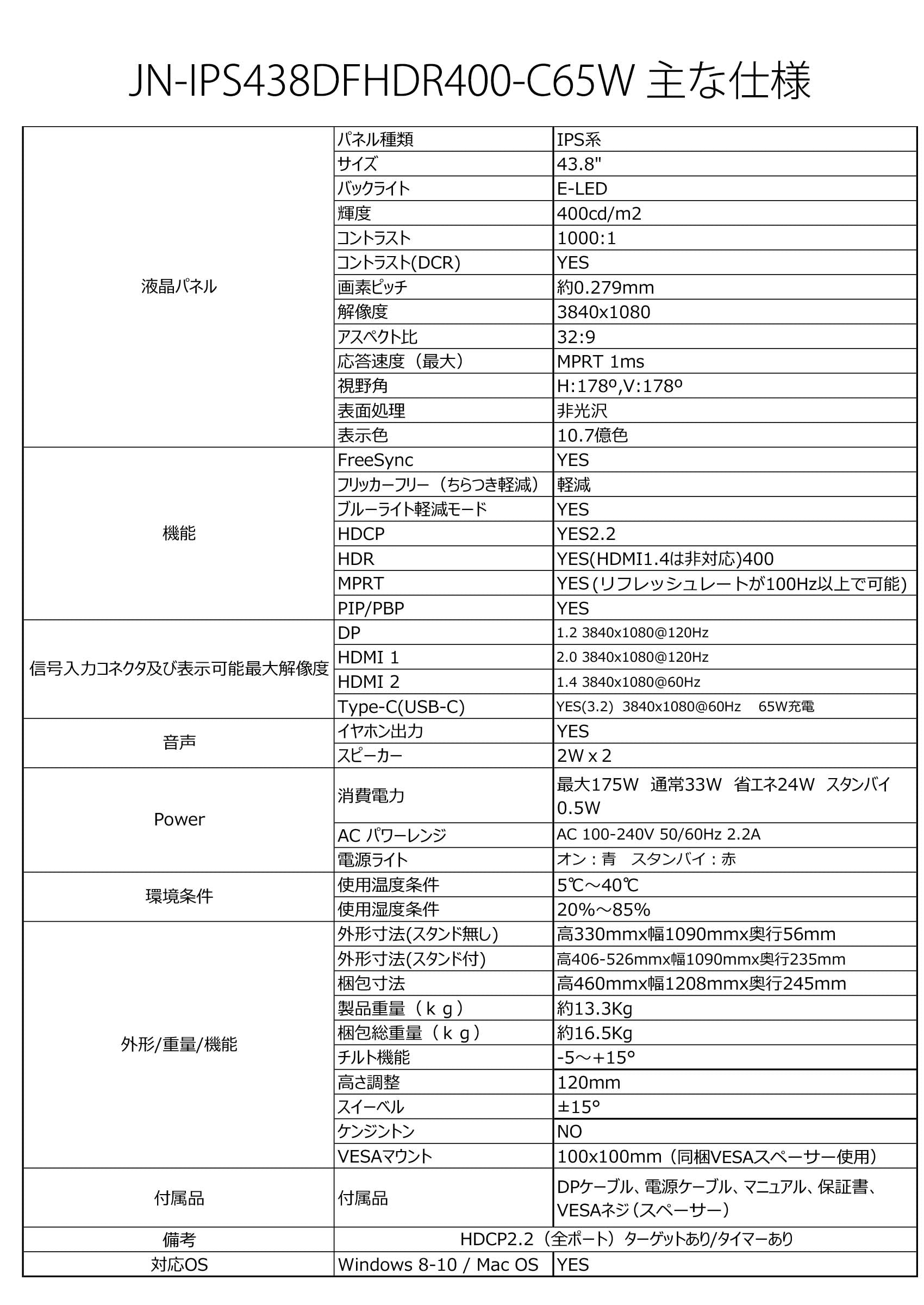 JAPANNEXT [JN-IPS438DFHDR400-C65W] 液晶ディスプレイ 43.8型/3840×1080/