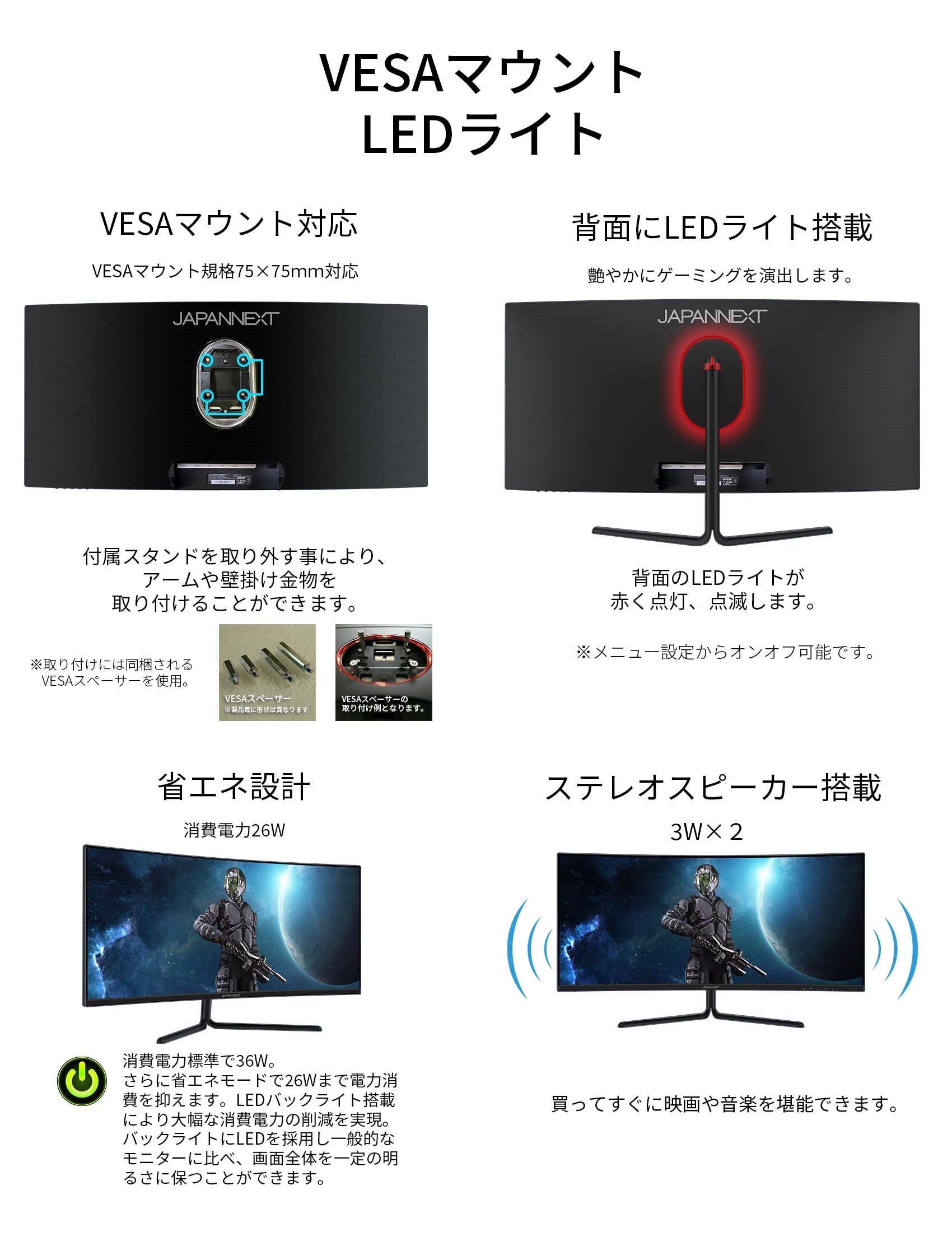 JAPANNEXT 34型 ウルトラワイド(UWQHD)曲面ゲーミングモニター 165Hz 