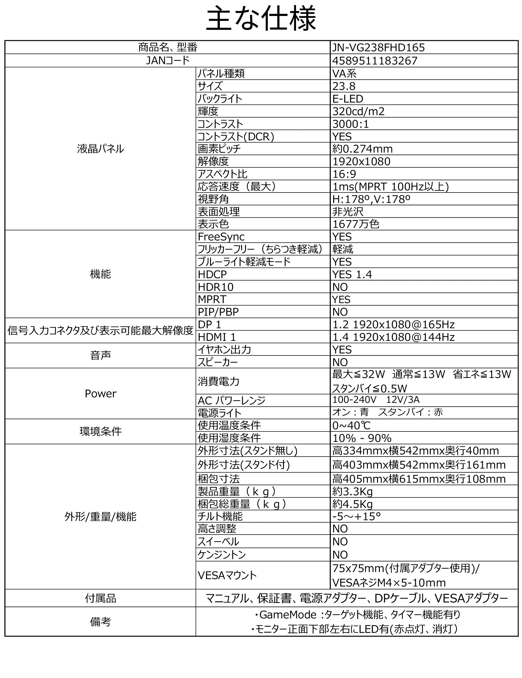 JAPANNEXT 23.8インチ フルHDパネル搭載165Hz対応ゲーミングモニター