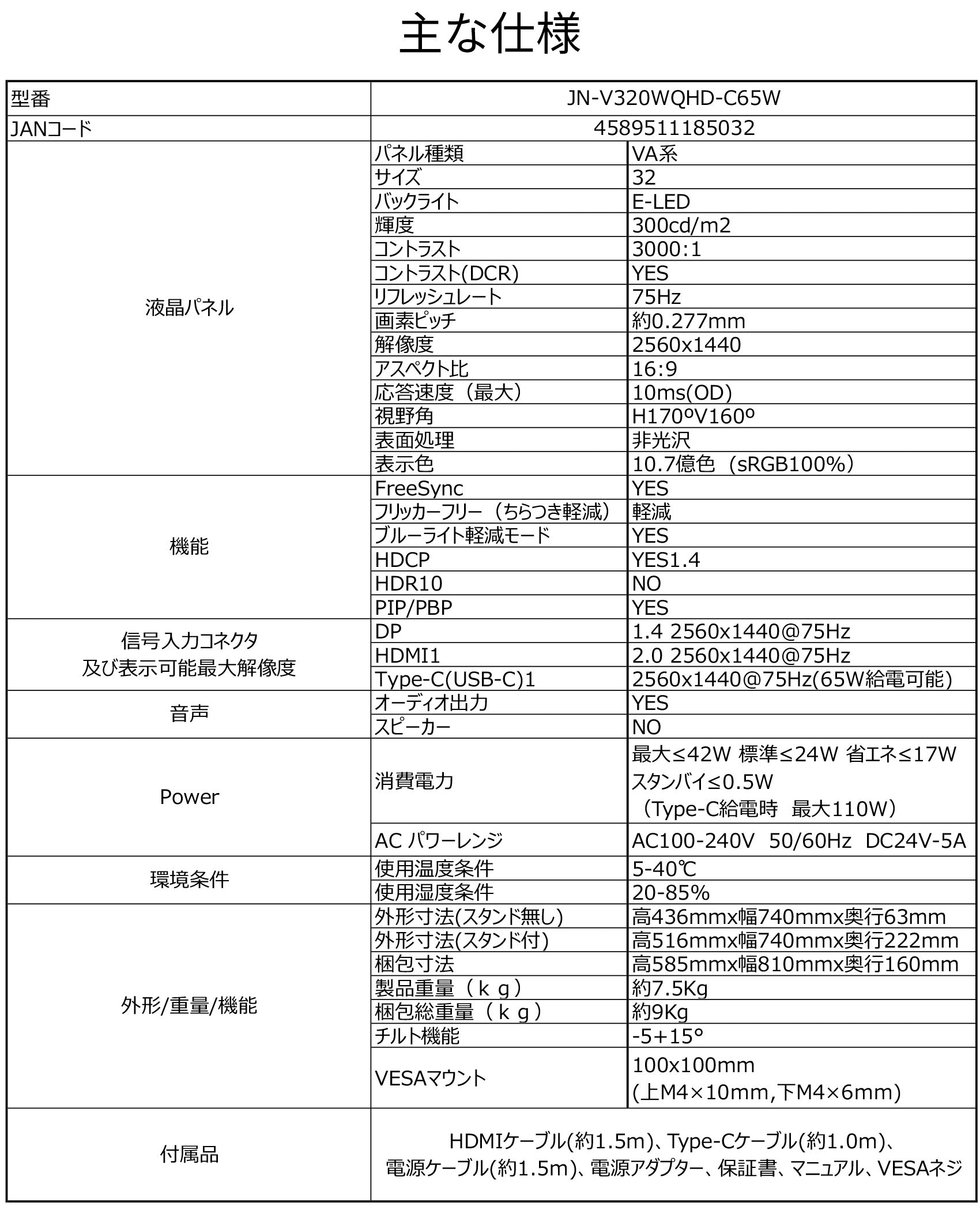 JAPANNEXT VAパネル搭載32インチ液晶モニター WQHD解像度 USB-C給電